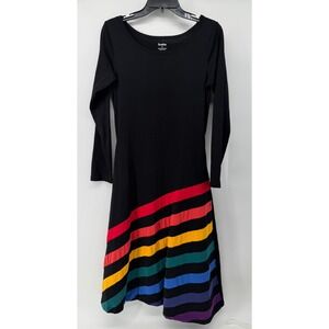 Svaha Black Rainbow Stripe Organic Cotton Midi Dress with Pockets Small Long Slv
